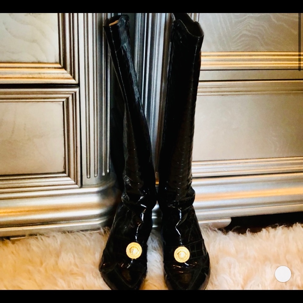 Versace patent leather knee-high crocodile boots